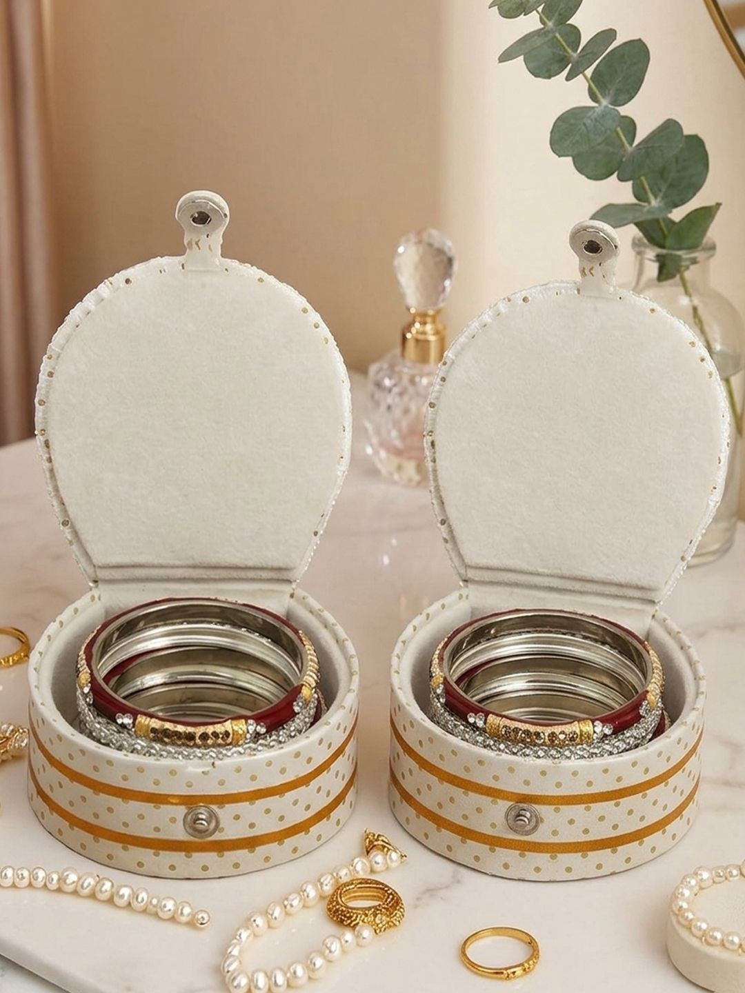 atorakushon Set Of 2 Cream-Coloured & Gold-Coloured Printed Jewellery Bangle Vanity Organiser Box