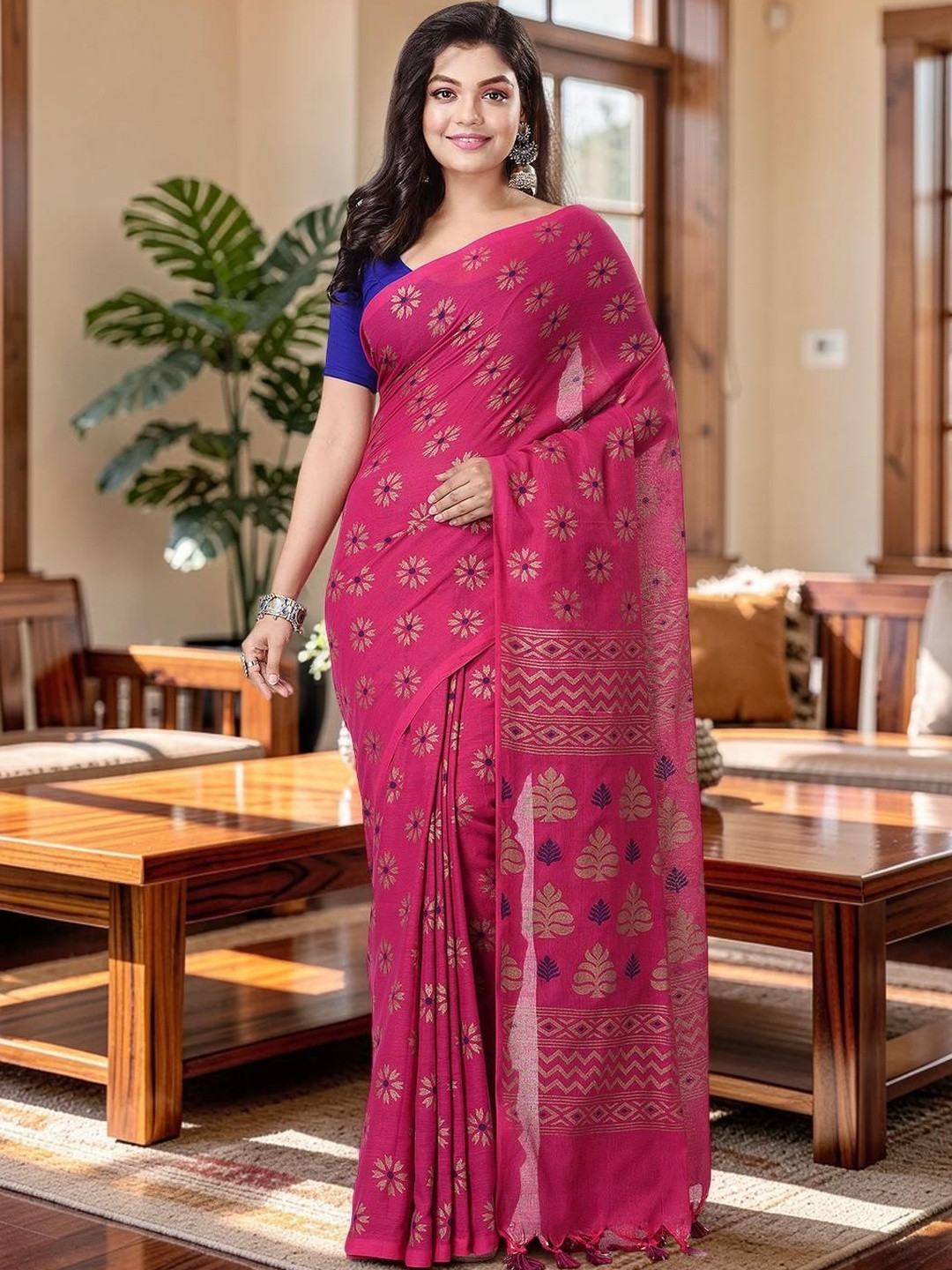 TANTLOOM Ethnic Motifs Pure Cotton Taant Saree With Blouse Piece