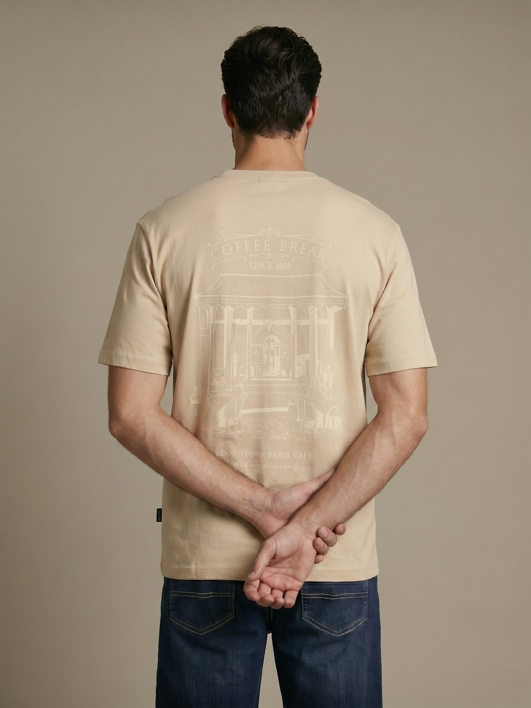 Beige Typography Printed Round Neck Relaxed Fit T-shirt