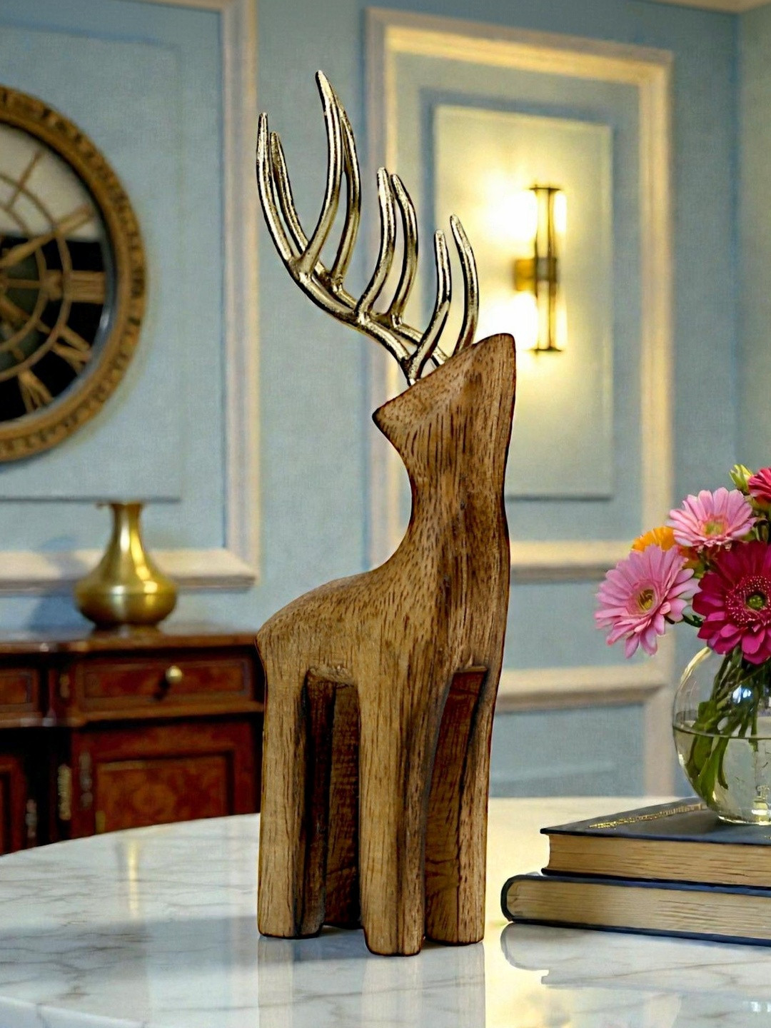 Hind Decor Reindeer Brown Wood Natural Living Room Small Showpiece - 7.9 Inches