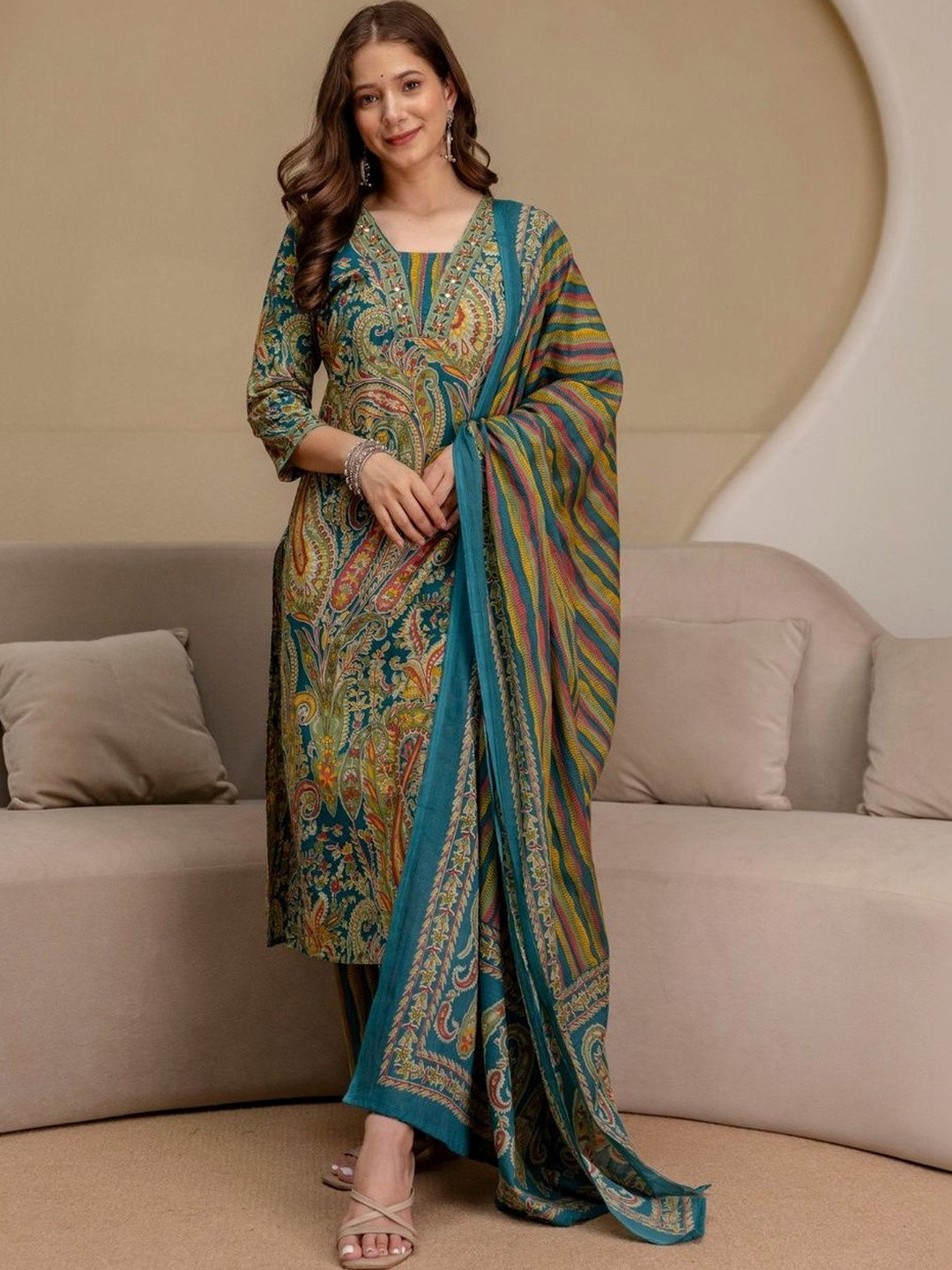 Tushti Women Paisley Printed Regular Patchwork Pure Cotton Kurta with Trousers & With Dupatta