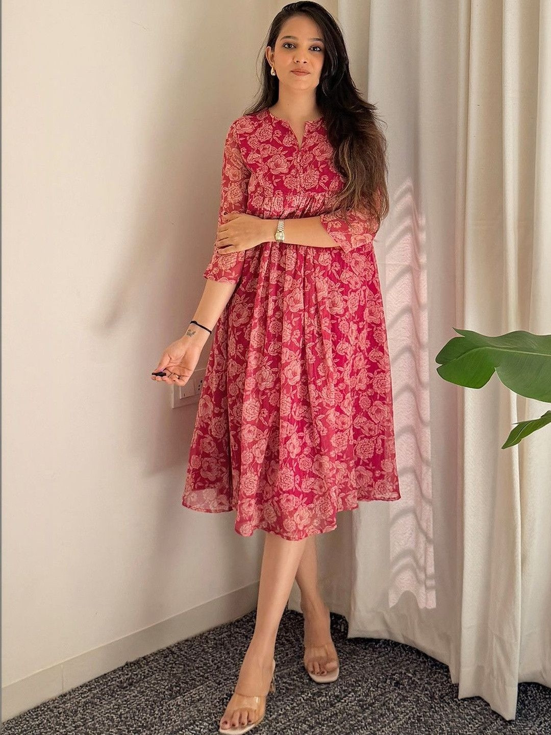 Janasya Women Dark Pink Chiffon Lurex Floral Printed Flared Dress
