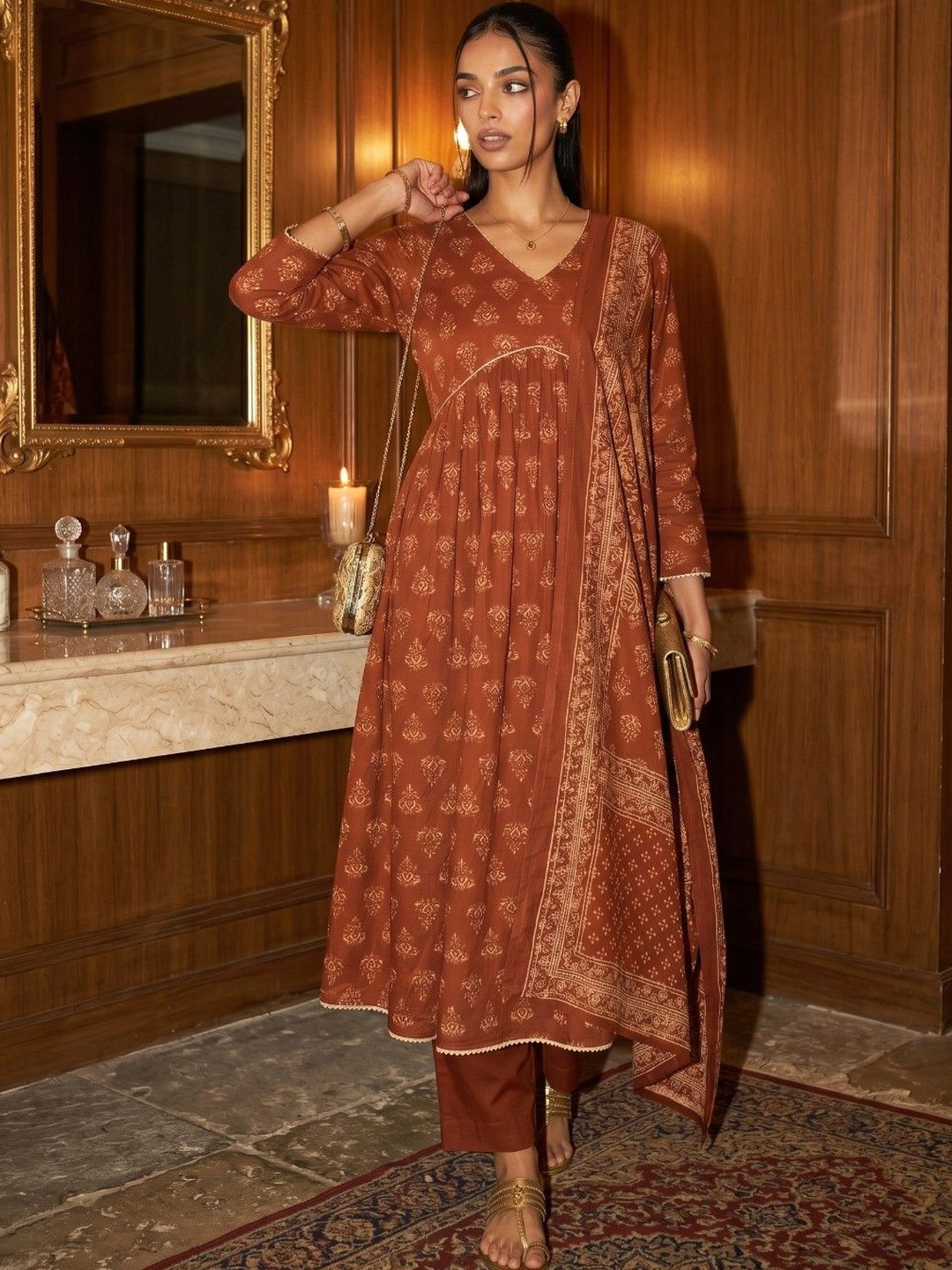KINDA DESI Women Ethnic Motifs Printed Empire Pure Cotton Kurta with Trousers & With Dupatta