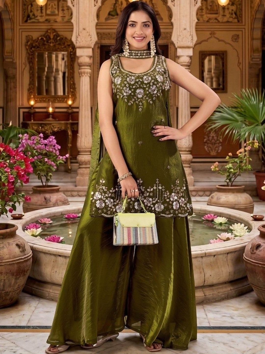 Bouncer Berry Ethnic Motifs Embroidered Pure Silk Kurta with Sharara & With Dupatta