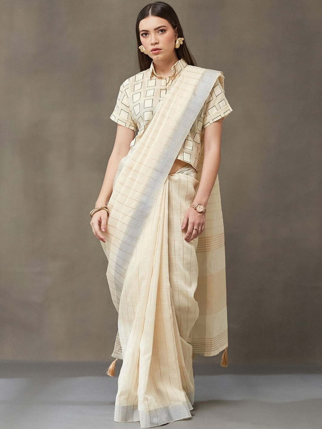 Navibhu Contemporary Office-Wear Striped Pure Cotton Handloom Saree