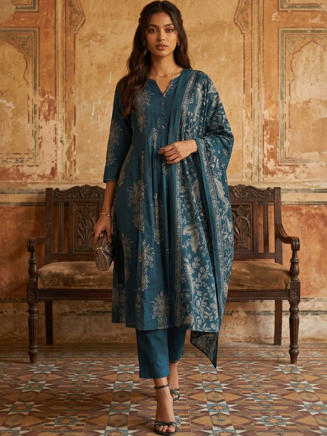 KINDA DESI Women Floral Printed Empire Pure Cotton Kurta with Trousers & With Dupatta