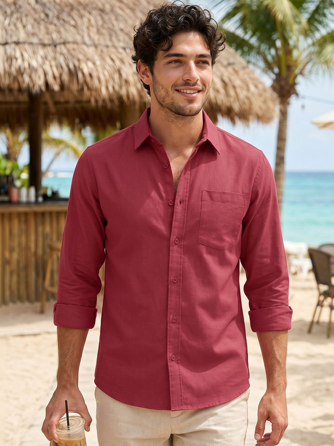 Bewakoof Men's Red Cotton Linen Shirt