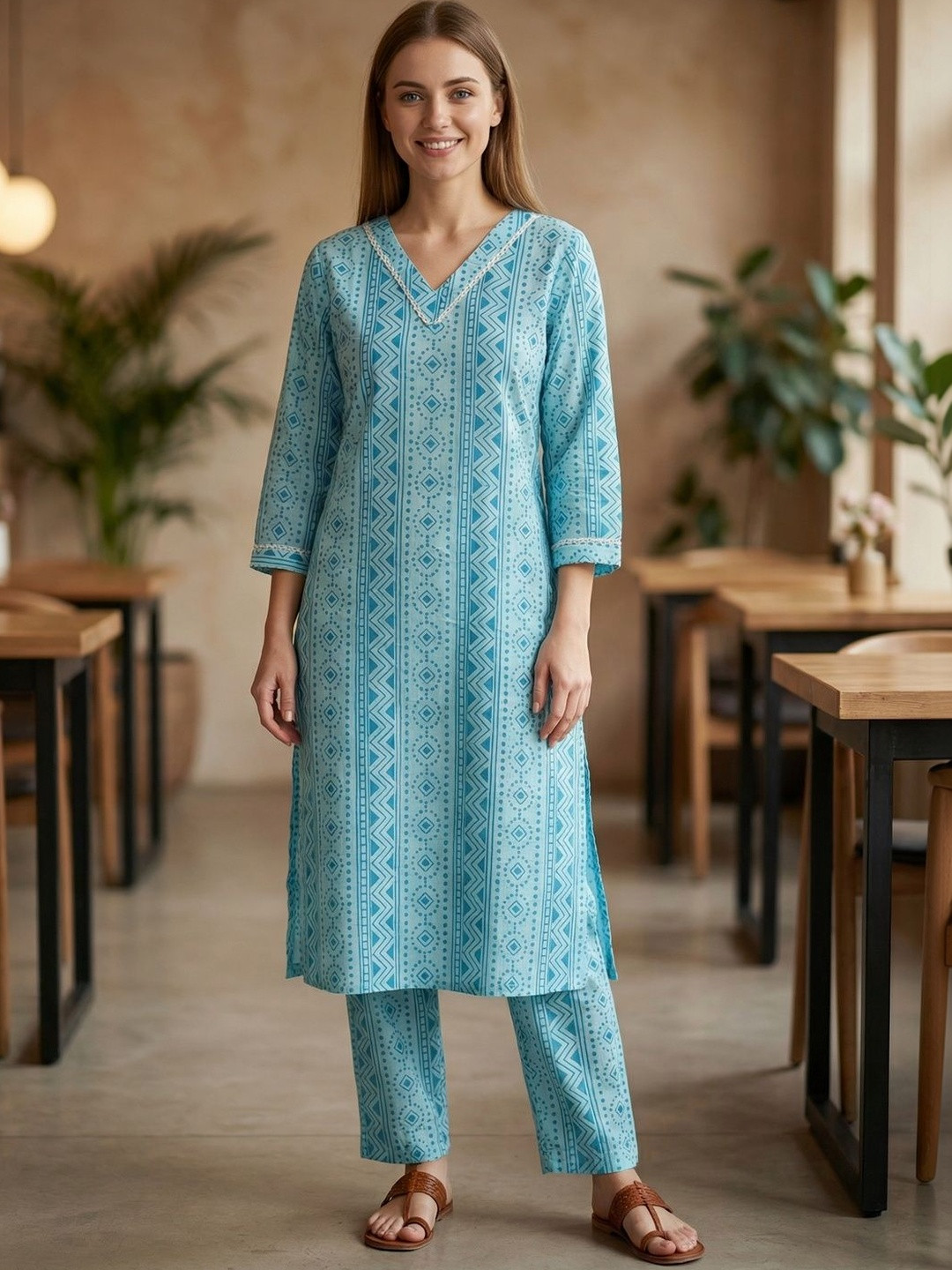 SAVYO Women Printed Regular Pure Cotton Kurta with Trousers