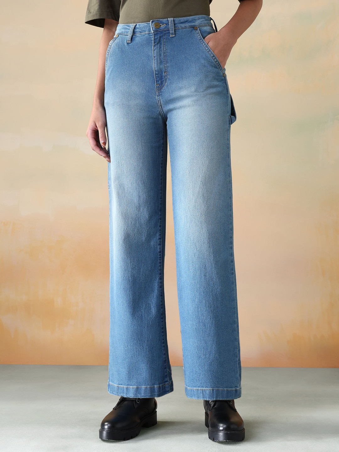 Flying Machine Women Wide Leg High-Rise Light Fade Stretchable Jeans