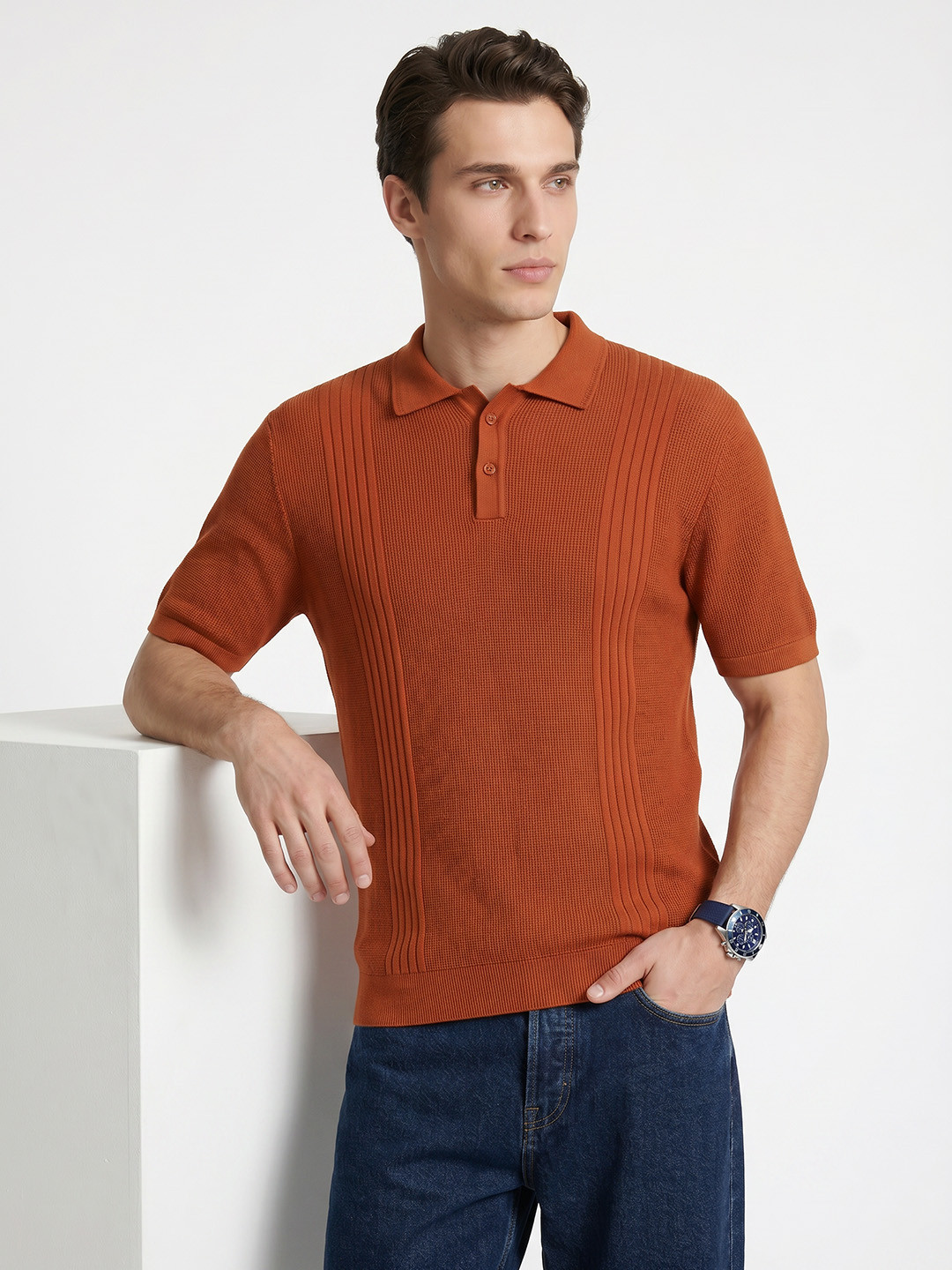 Integriti Slim Fit Striped Polo Collar Pure Cotton T-shirt