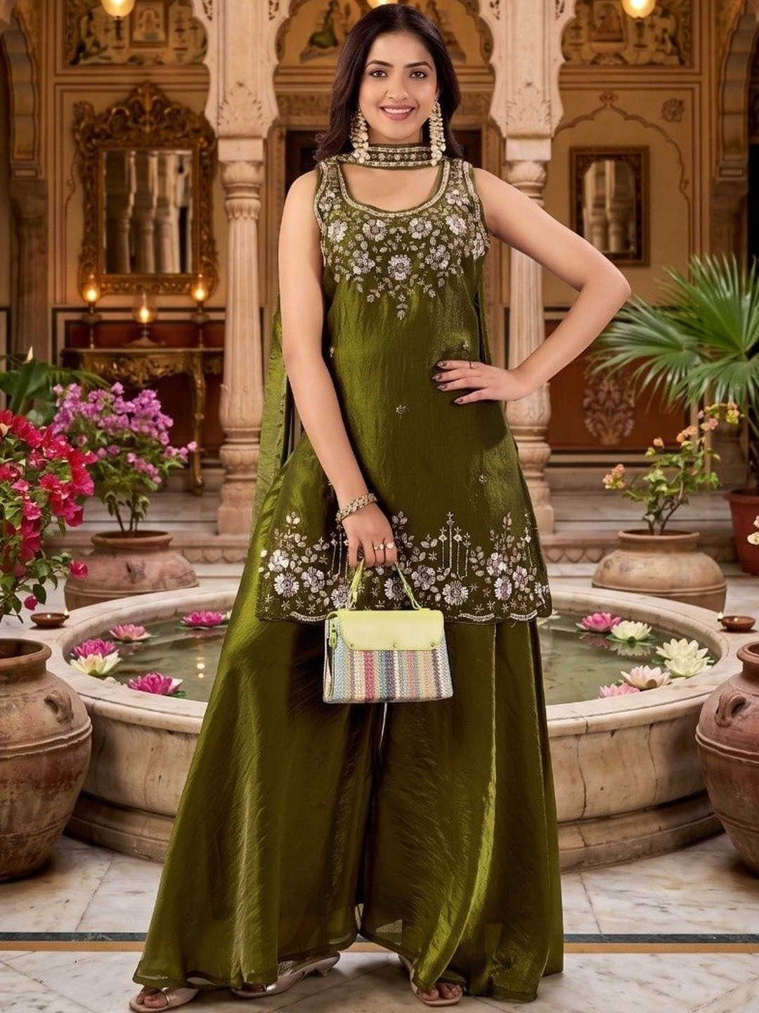 BOUNCER Ethnic Motifs Embroidered Regular Pure Silk Kurta with Sharara & With Dupatta