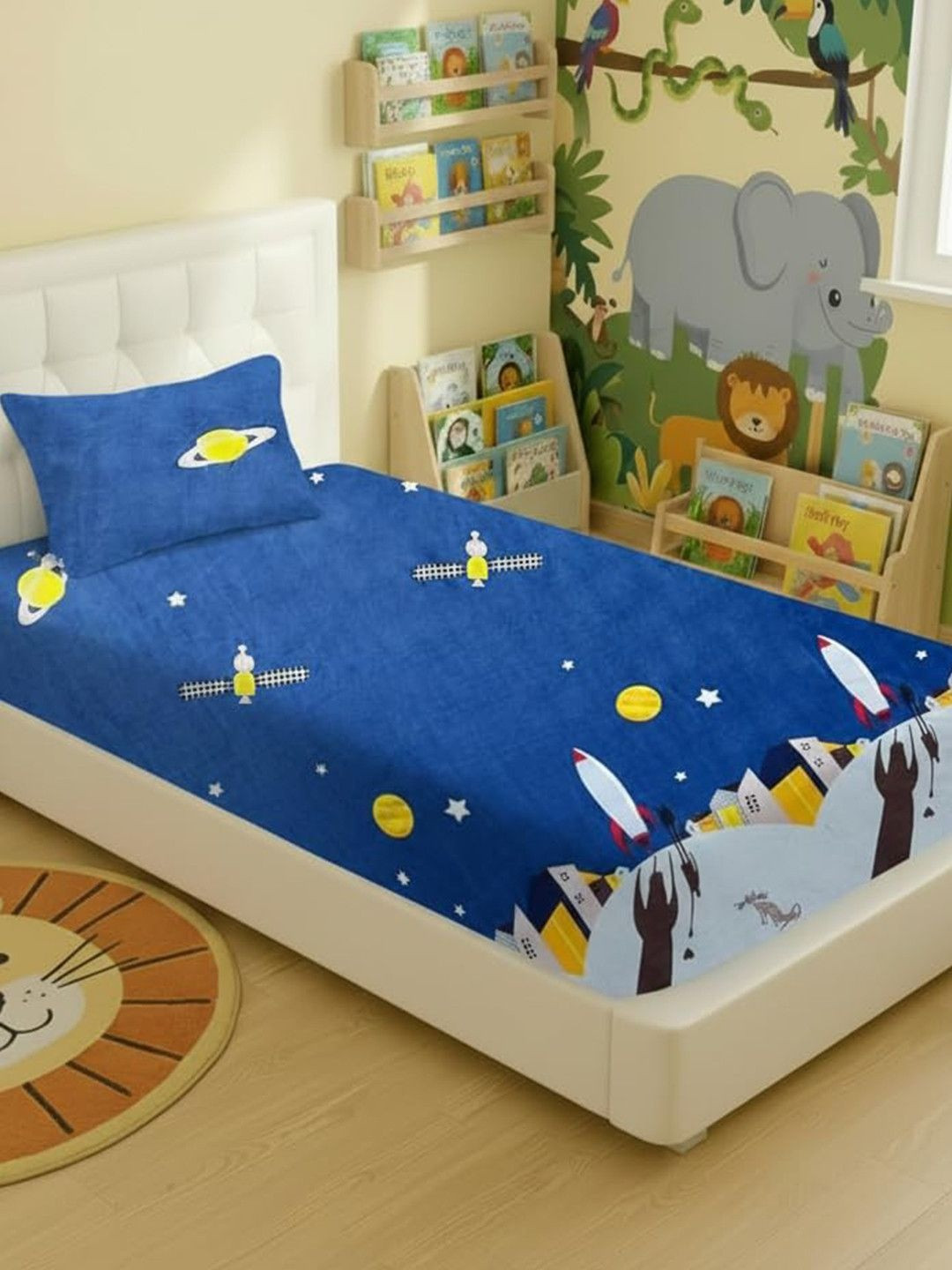 Filymore Blue Cartoon Characters Single Bedsheet with 1 Pillow Covers