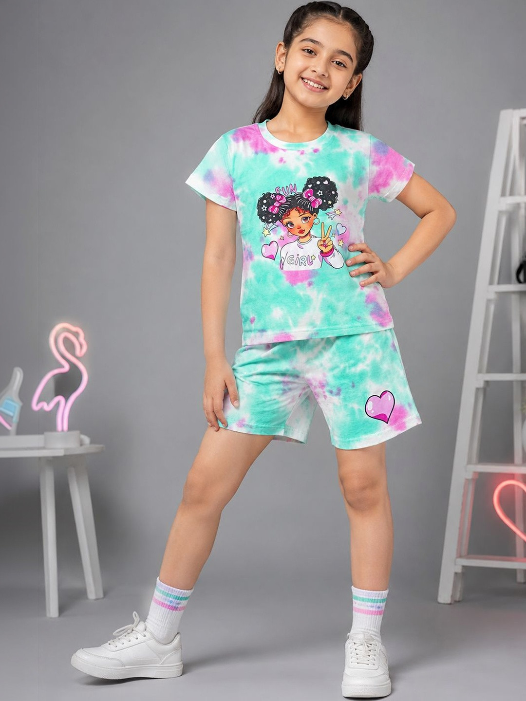 Girls Printed T-shirt with Shorts Cotton Half Sleeve Clothing Set 4