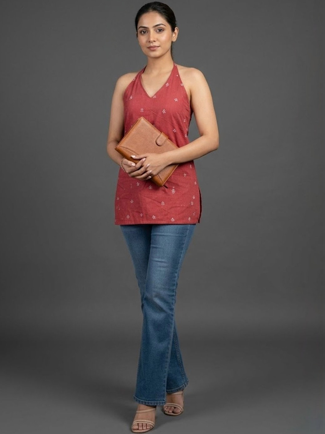 Navibhu Office-Wear Ethnic Motifs Printed Halter Neck Kurti