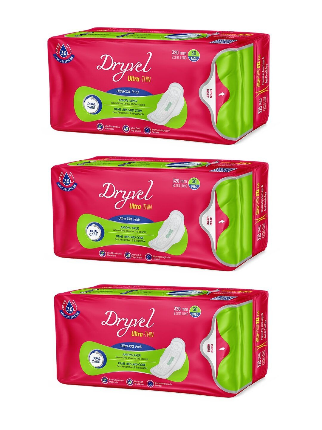 Dryvel Set Of 3 Menstrual Cycle Ultra Sanitary Pads With Wider Wings- XXL- 30 Pads Each