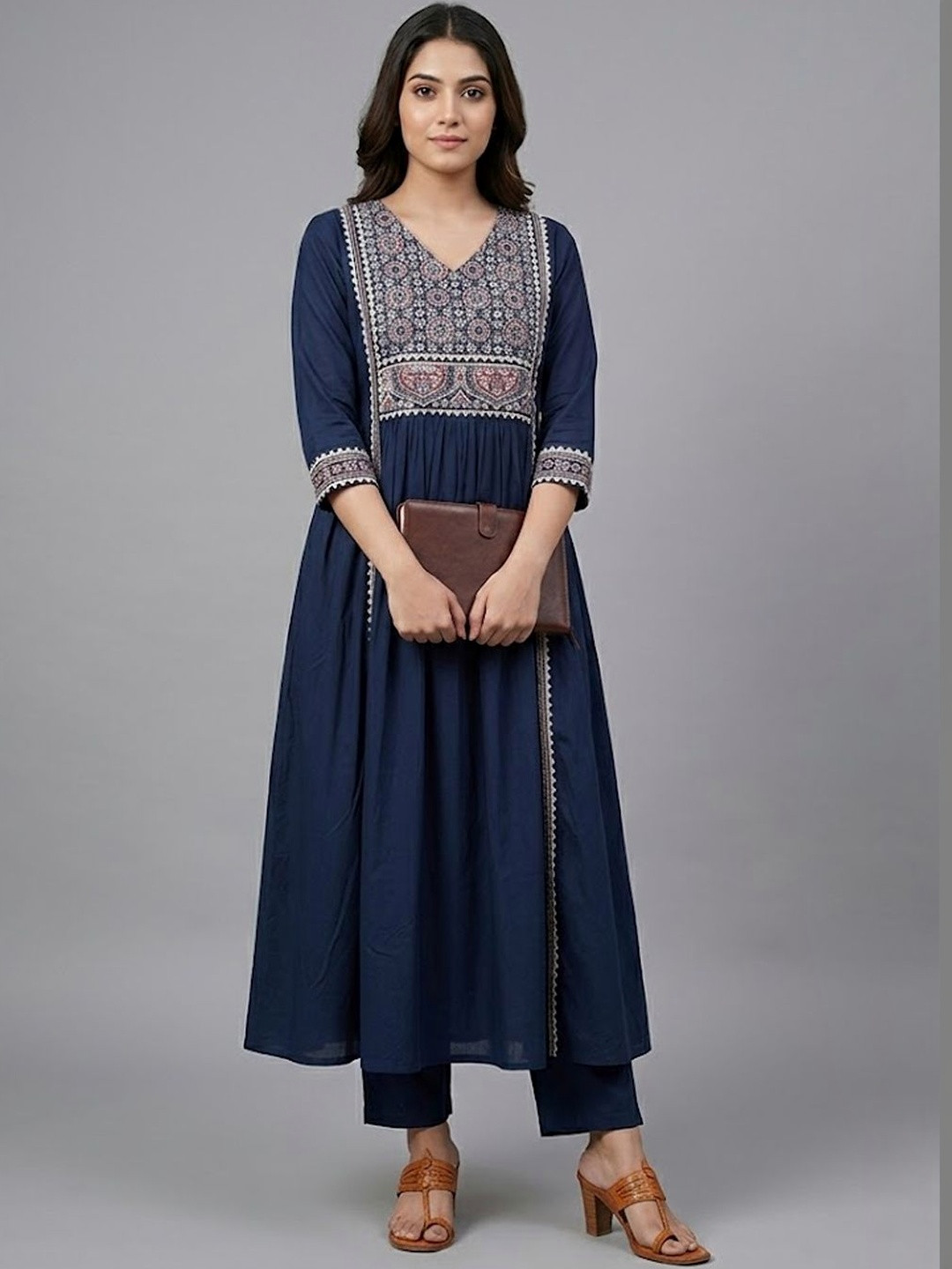 Navibhu Office-Wear Women Ethnic Motifs Embroidered Angrakha Thread Work Kurta with Trousers