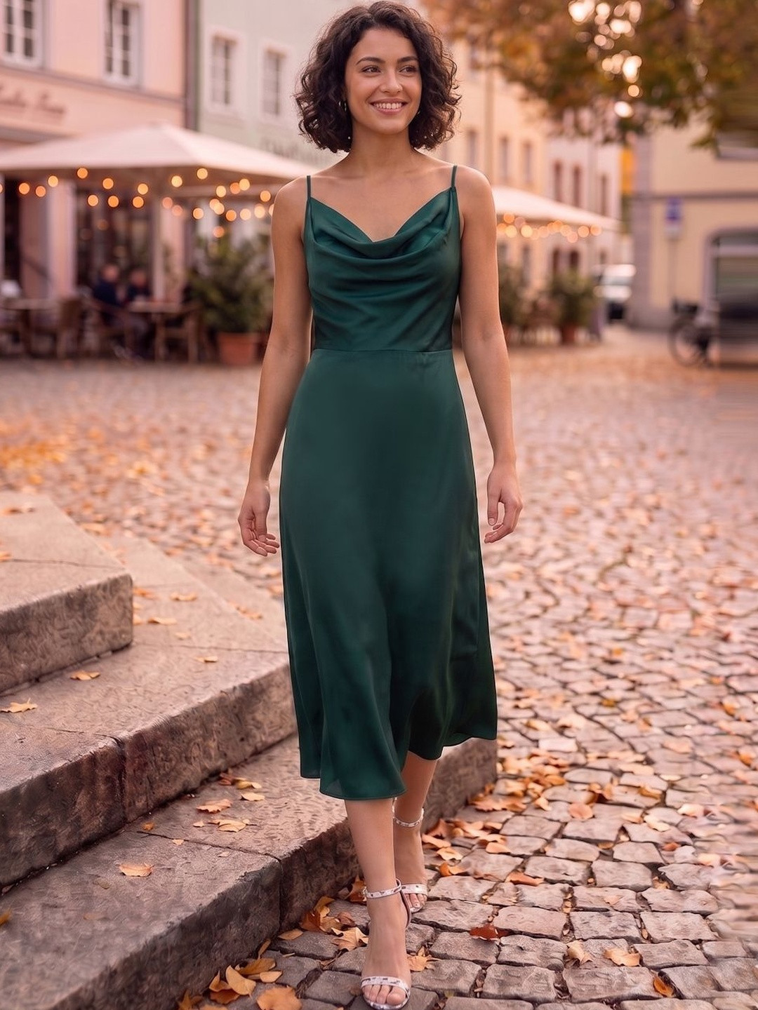 aayu Women Green Cowl Neck Satin A-Line Midi Dress