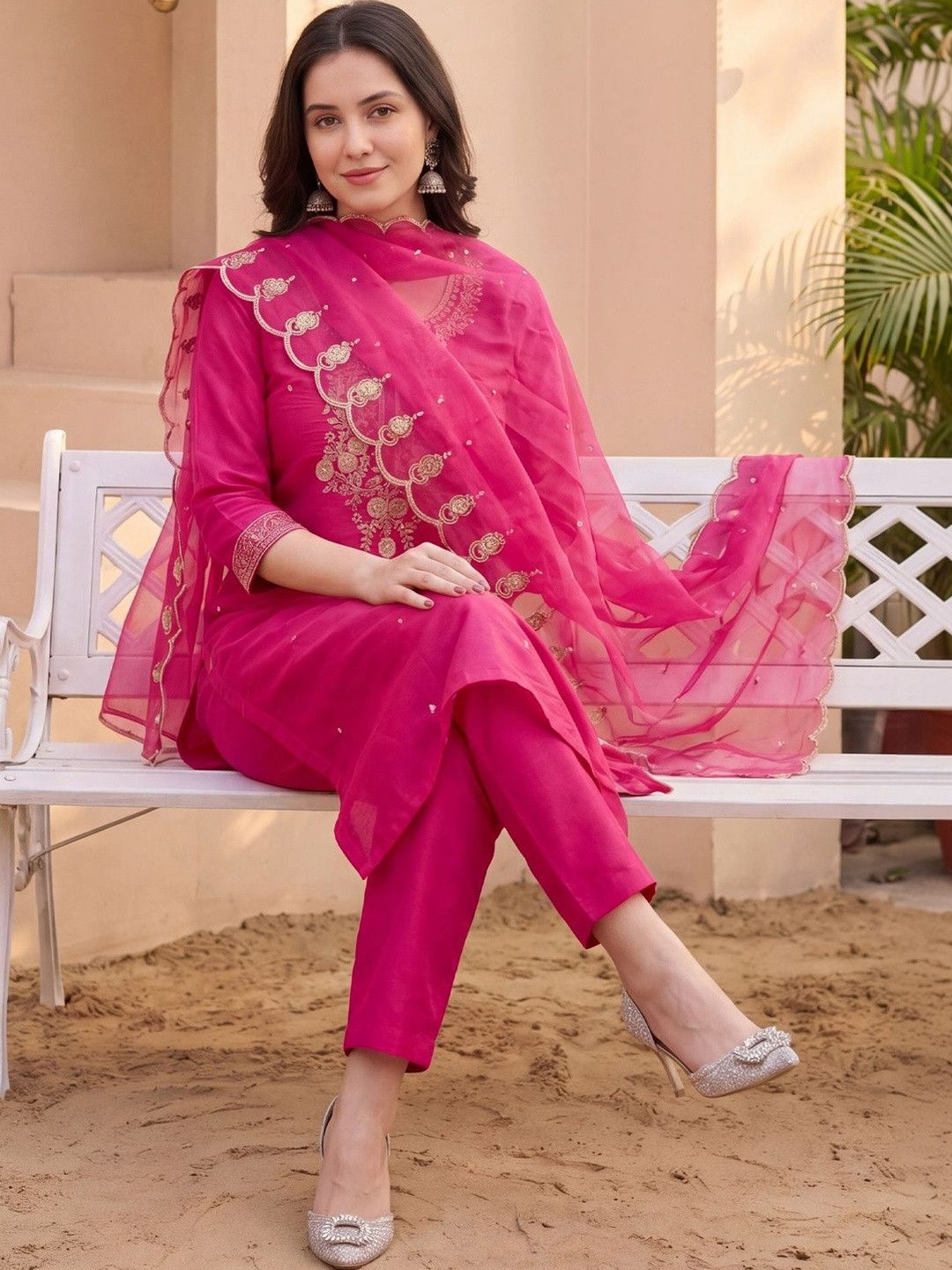 Indo Era Women Ethnic Motifs Embroidered Regular Thread Work Kurta with Trousers & With Dupatta