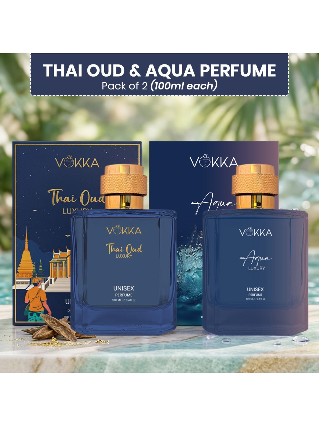 VOKKA Unisex Set Of 2 Thai Oud & Aqua Luxury Long-Lasting Perfumes - 100 ml Each