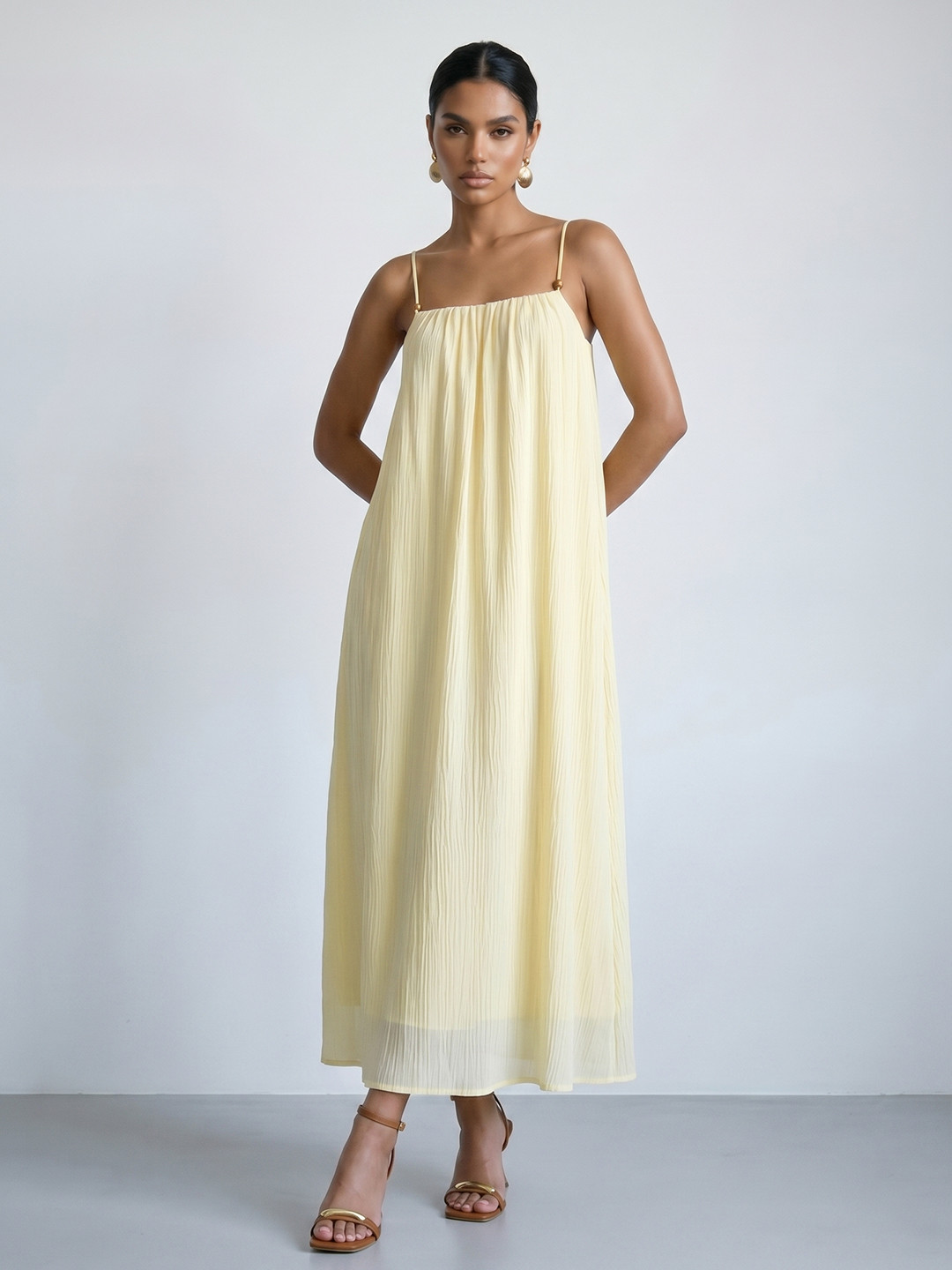 Phosphorus Crinkled Shoulder Straps A-Line Maxi Dresses
