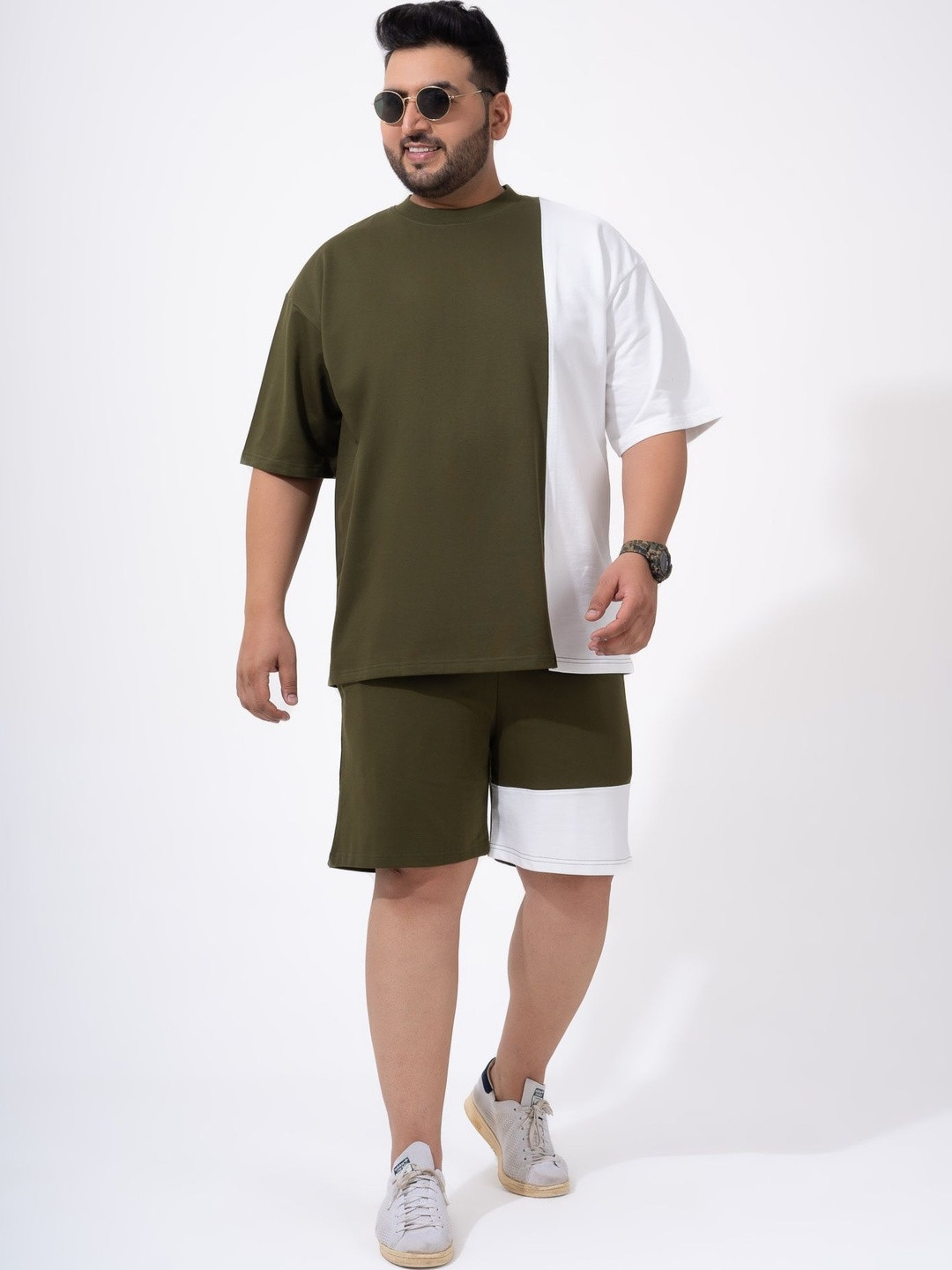 UNSTD Plus Size Men Colourblocked Round Neck Drop-Shoulder Sleeves Cotton T-shirt