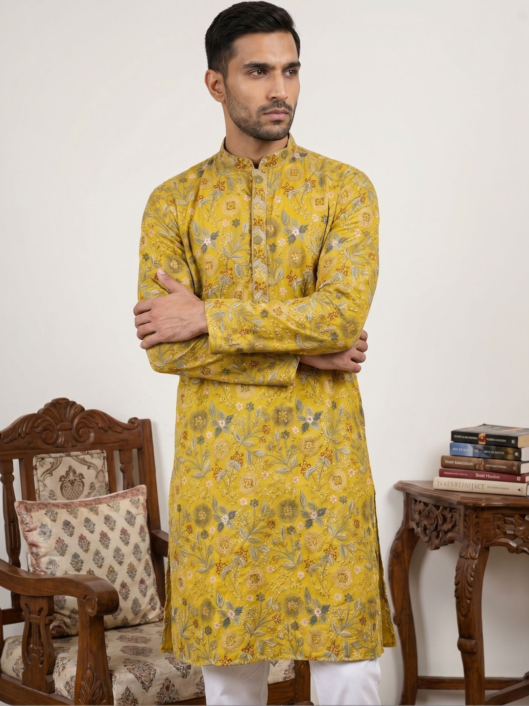 Jompers Men Floral Embroidered Mirror Work Kurta
