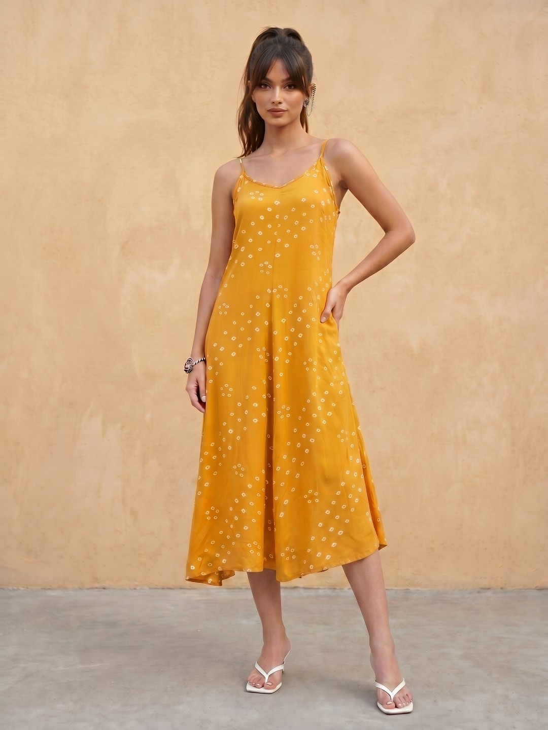 Mustard Abstract Printed Midi Dress with Sleeveless Straps
