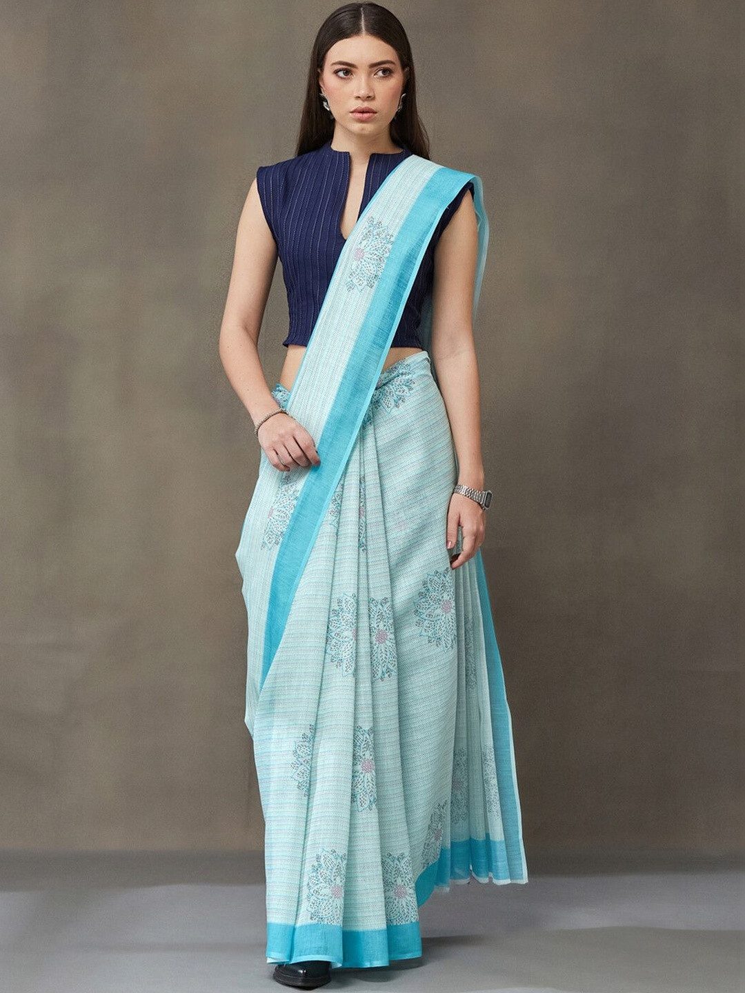 Navibhu Contemporary Office-Wear Ethnic Motifs Pure Linen Fusion Saree