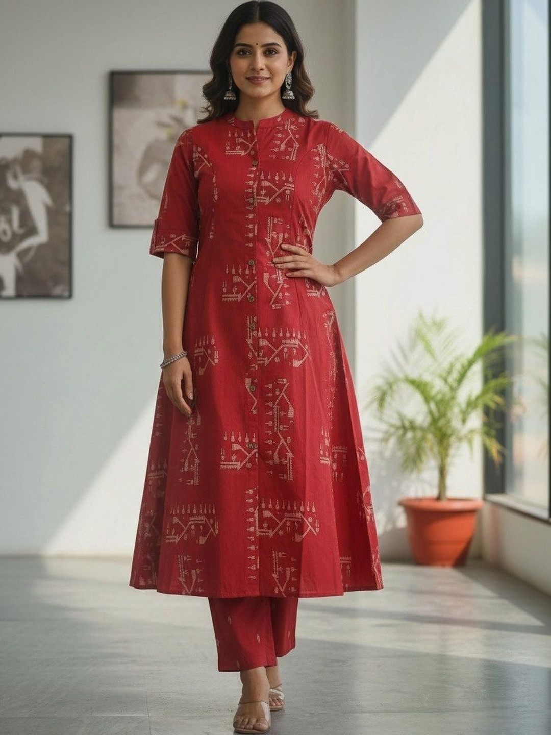Gopi Prem Ethnic Motifs Printed Mandarin Collar Pure Cotton A-Line Kurta With Trousers