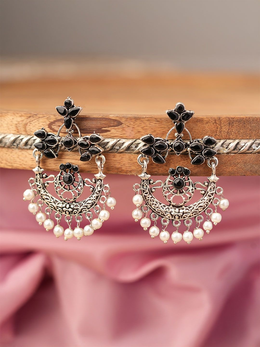 Stylishkudi Artificial Stones Studded Crescent Shaped Chandbalis