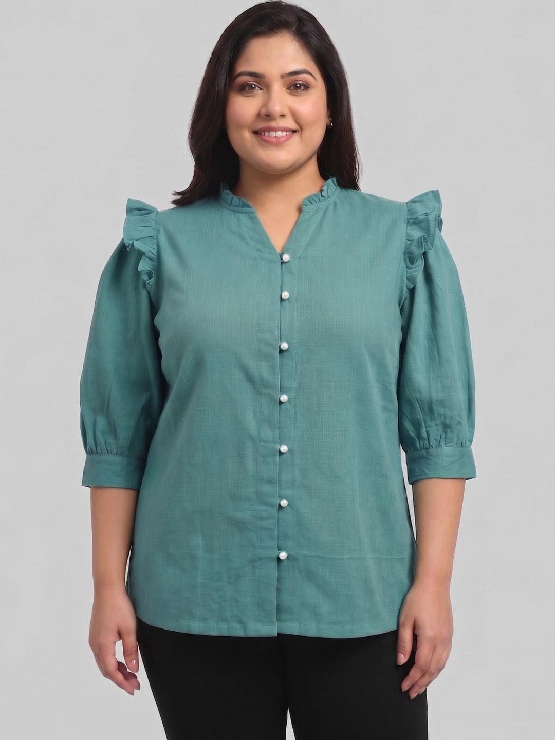 plusS Mandarin Collar Puff Sleeve Ruffles Cotton Top