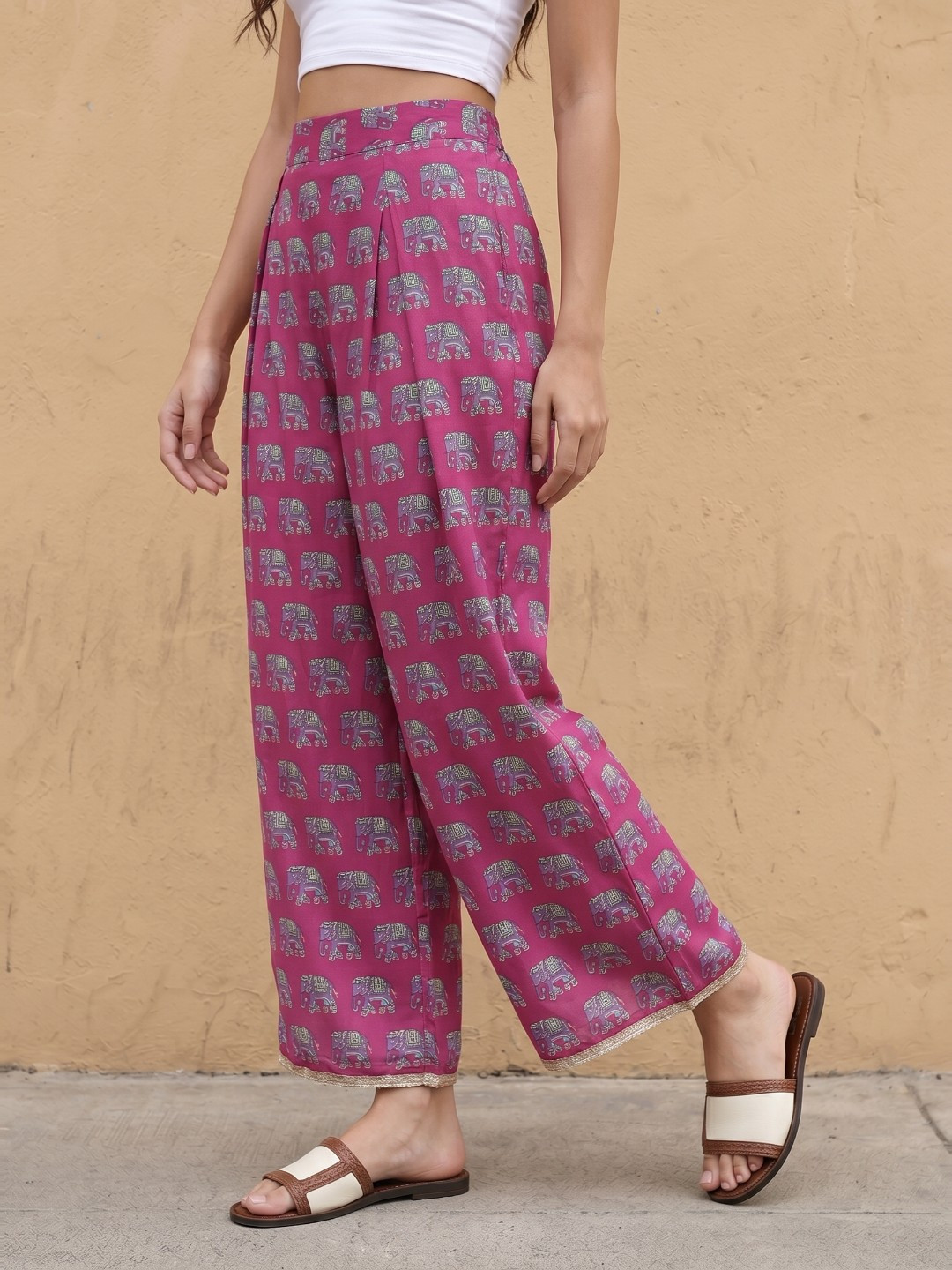 fusion by glitchez Women Wide Leg Ethnic Motifs Pleated Trousers