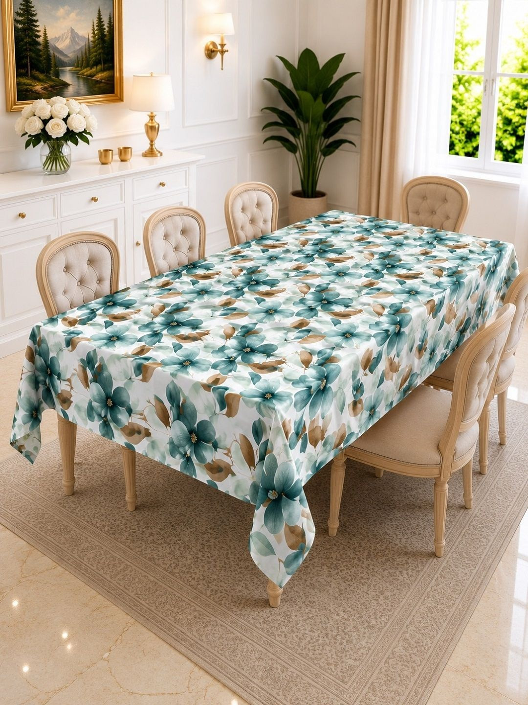 RRC White & Green Floral Printed Rectangle 6-Seater Table Cover