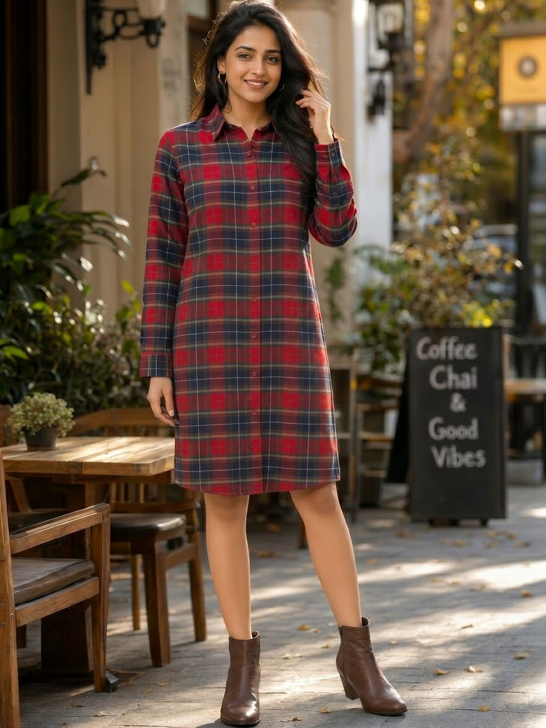 Hive91 Checked Shirt Collar Cotton Shirt Dress