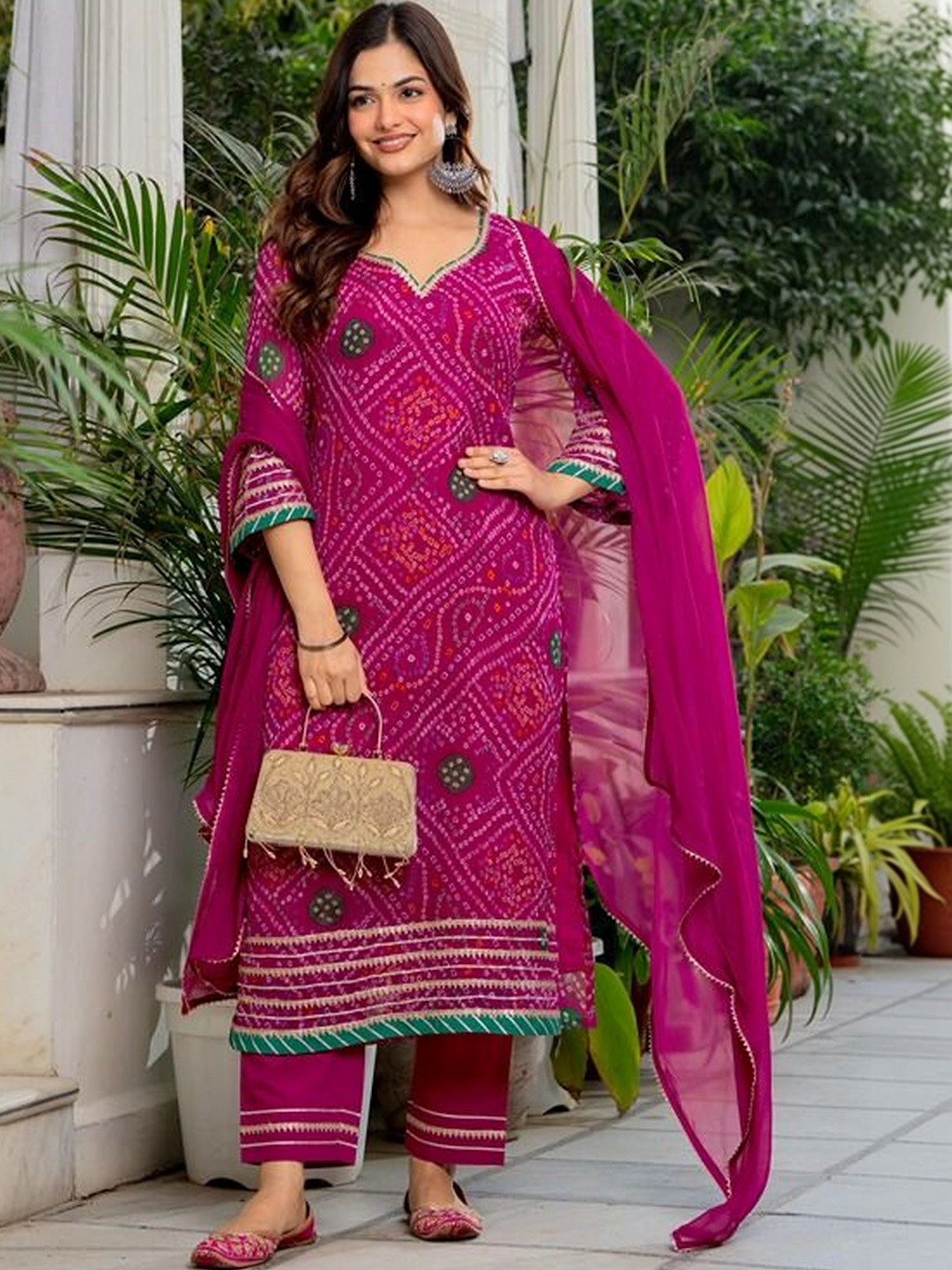 Shangri LA MS Designs Women Bandhani Printed Gotta Patti Kurta