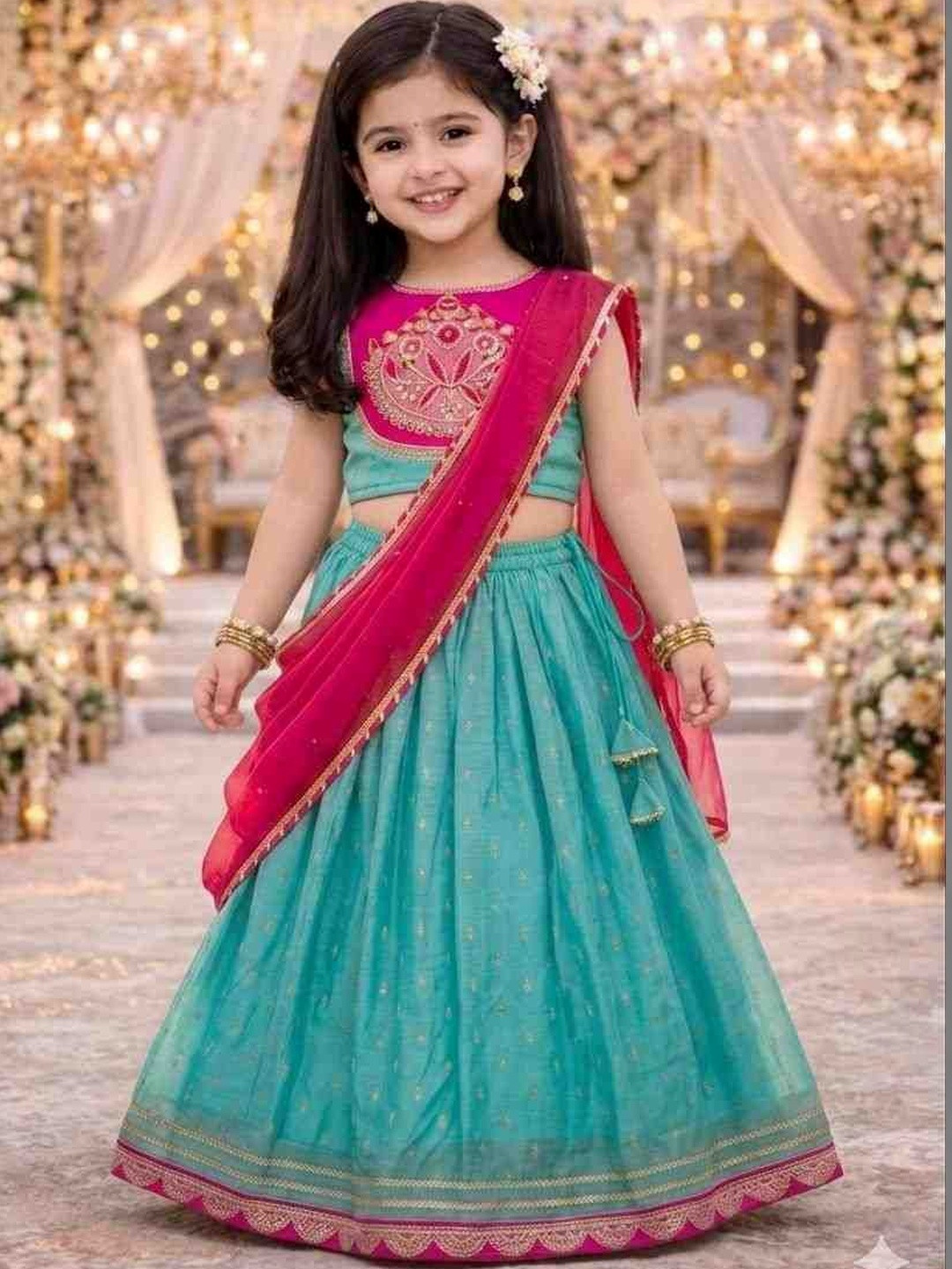 KALINI Girls Embroidered Thread Work Ready to Wear Lehenga & Blouse With Dupatta
