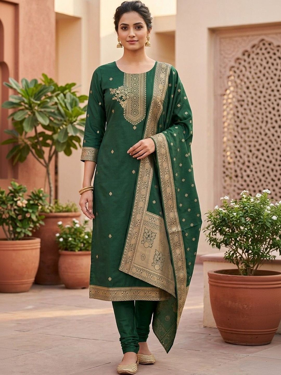 SHU-GORA Women Ethnic Motifs Regular Kurta with Churidar & With Dupatta