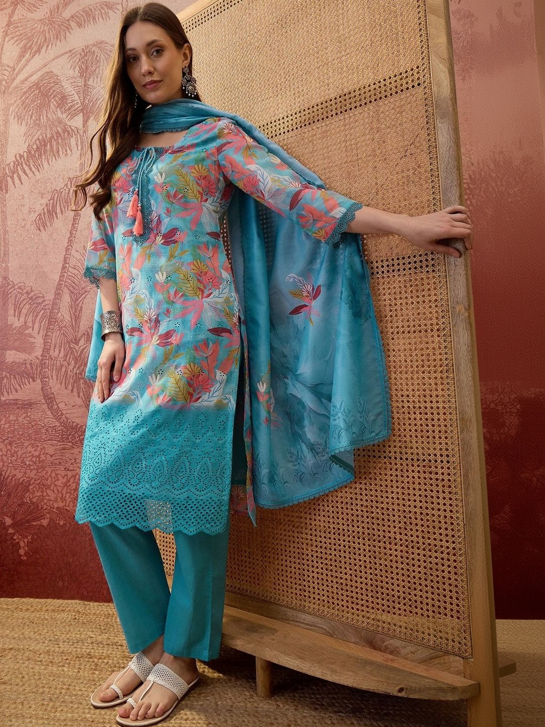 Sangria Floral Printed Round Neck Lace Hem Kurta & Trousers With Dupatta