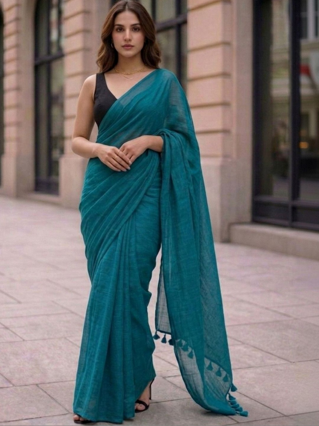 MAYIN India Women Teal Solid Plain Mul Cotton Saree