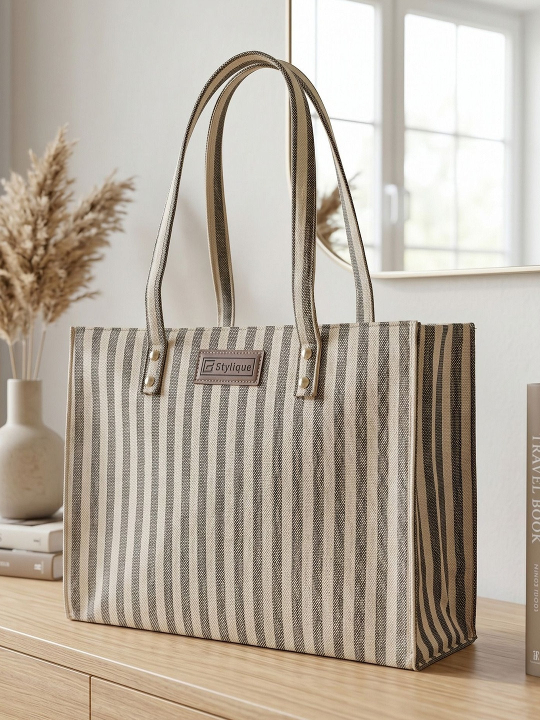 Stylique Striped Structured Tote Bag