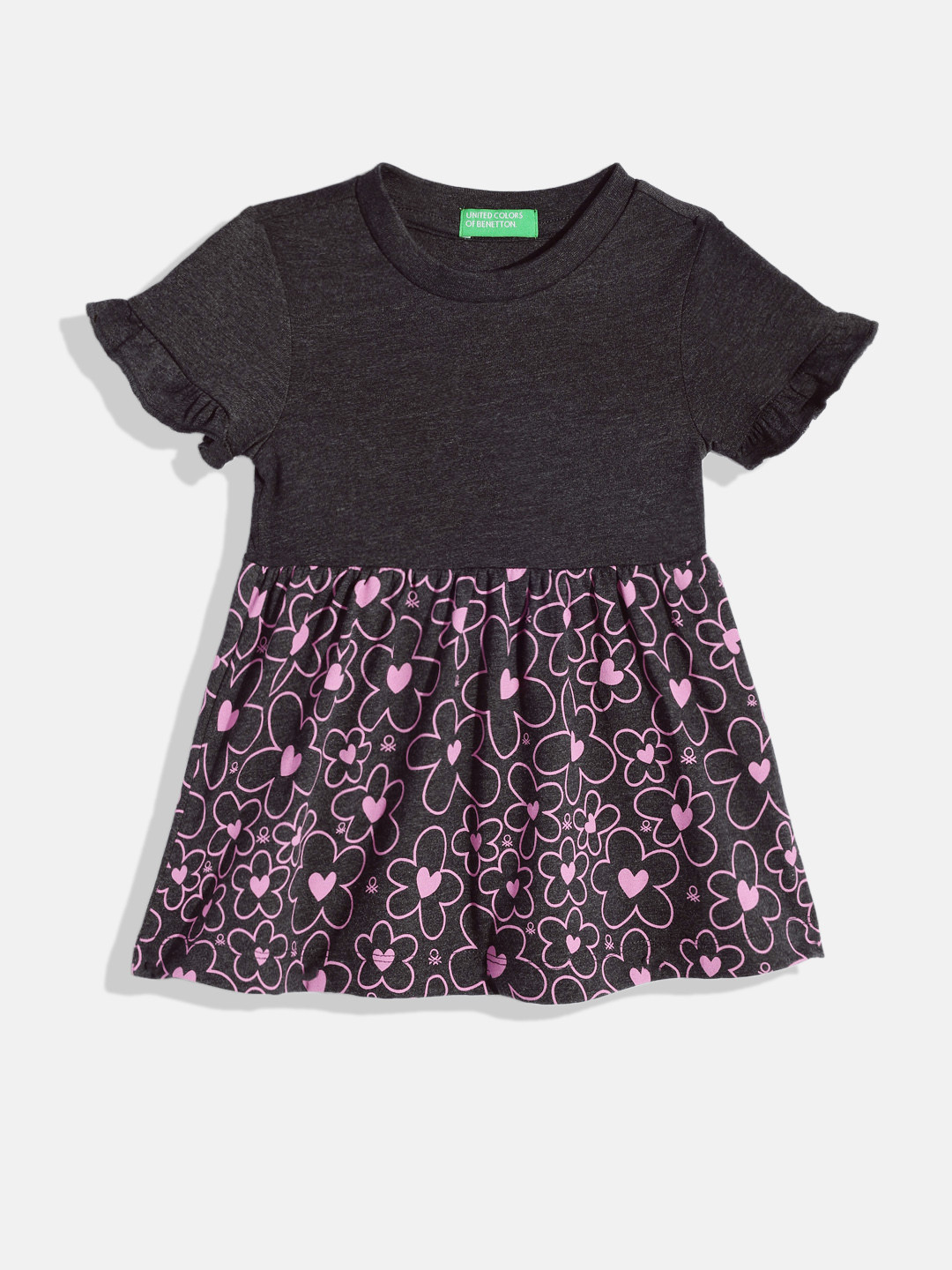 United Colors of Benetton Floral Print Flutter Sleeve Ruffled A-Line Dress