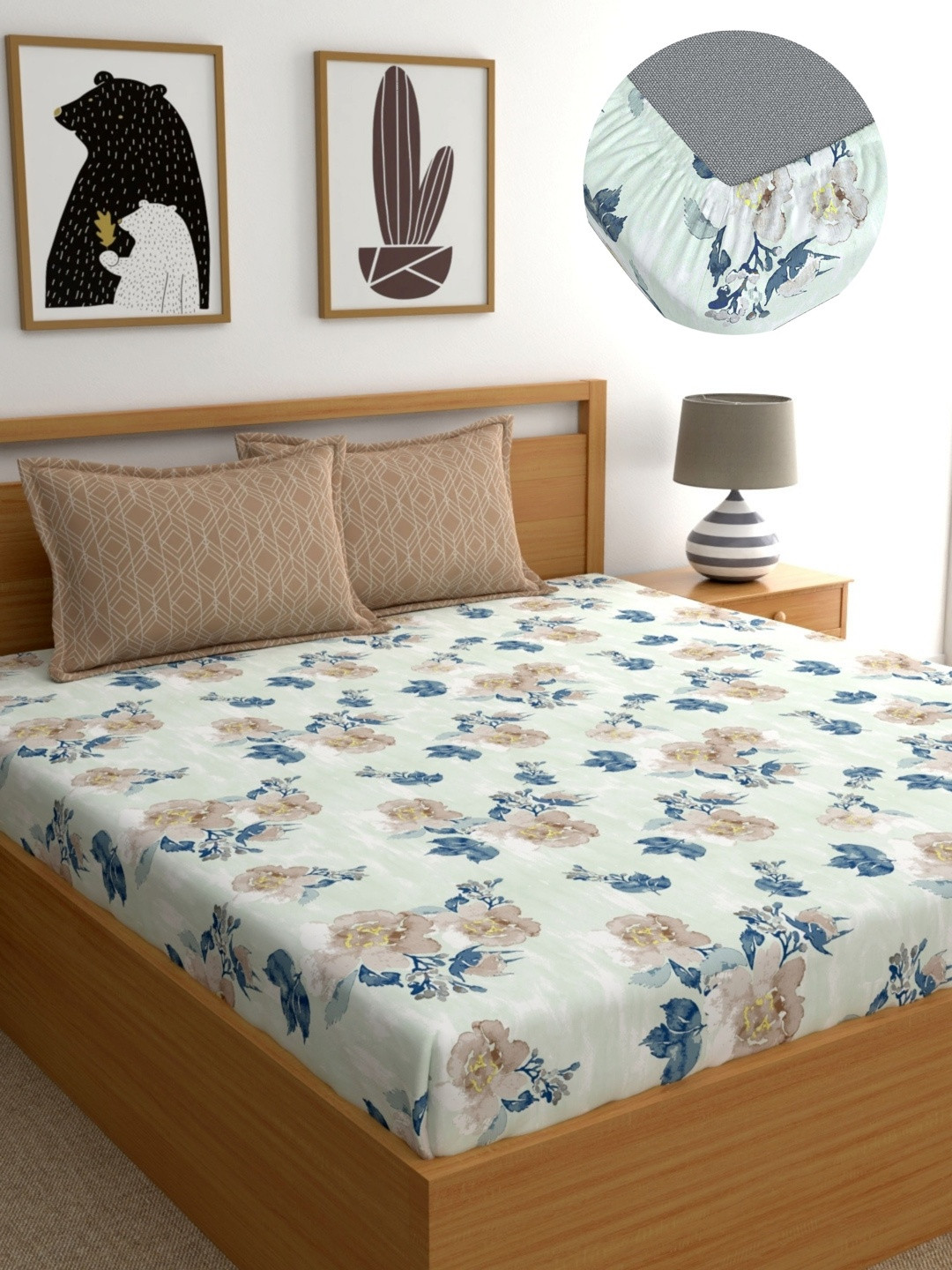 Dreamscape Blue Floral 180 TC Bedsheet with 2 Pillow Covers