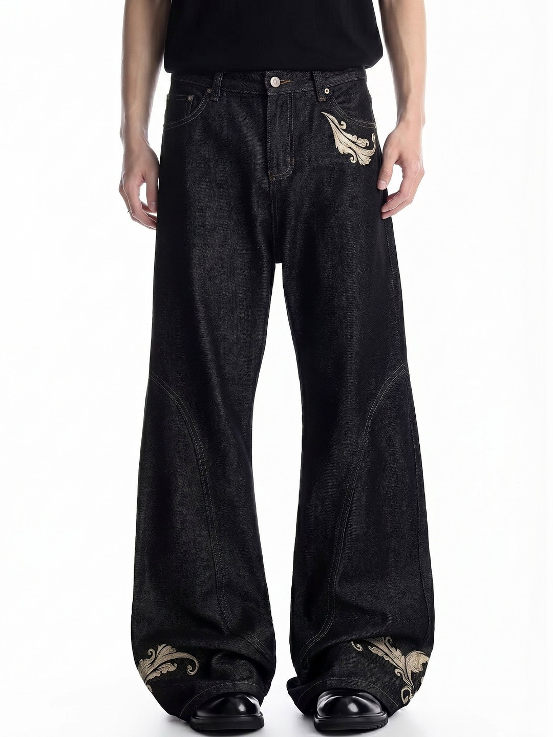 ANDREW HILL Men Wide Leg Mid-Rise Embroidered Jeans - Image 1