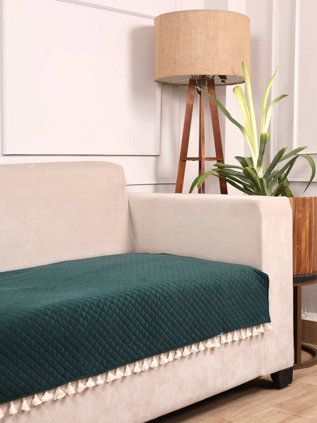 STITCHNEST 1 Seater Green & Beige Velvet Seat Cover