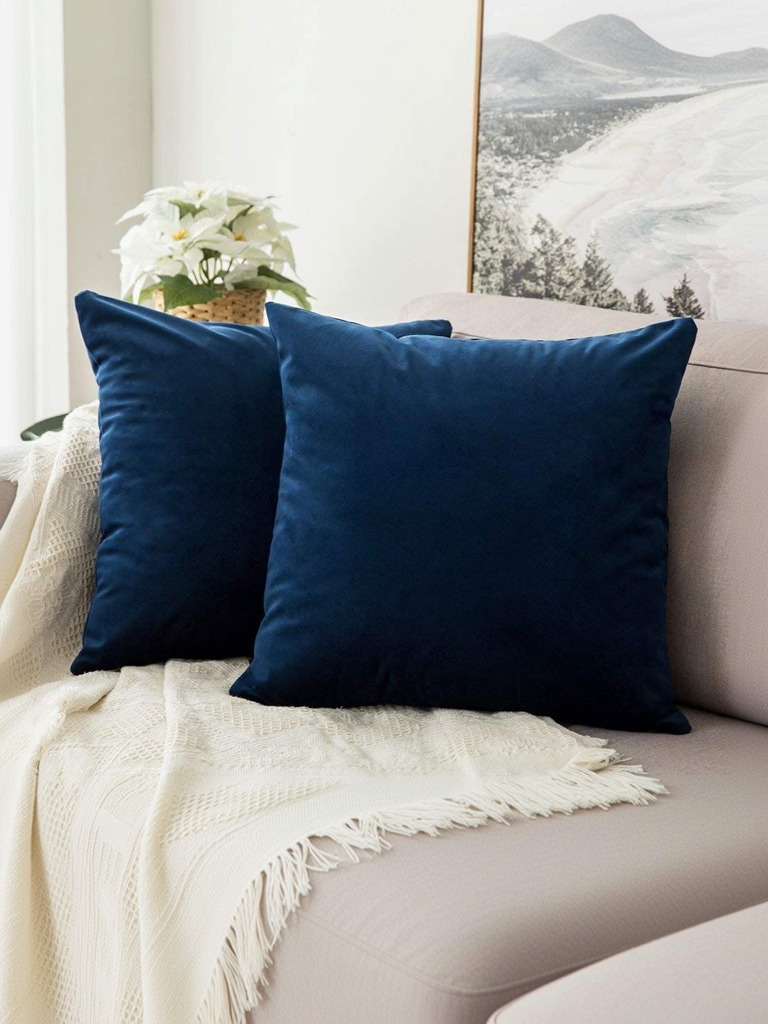 Khooti Navy Blue Set of 2 Velvet Square Cushion Covers