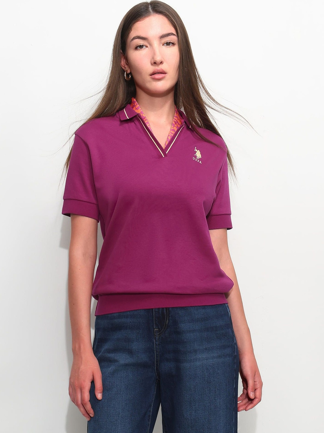 U.S. Polo Assn. Women Women Brand Logo Polo Collar T-shirt
