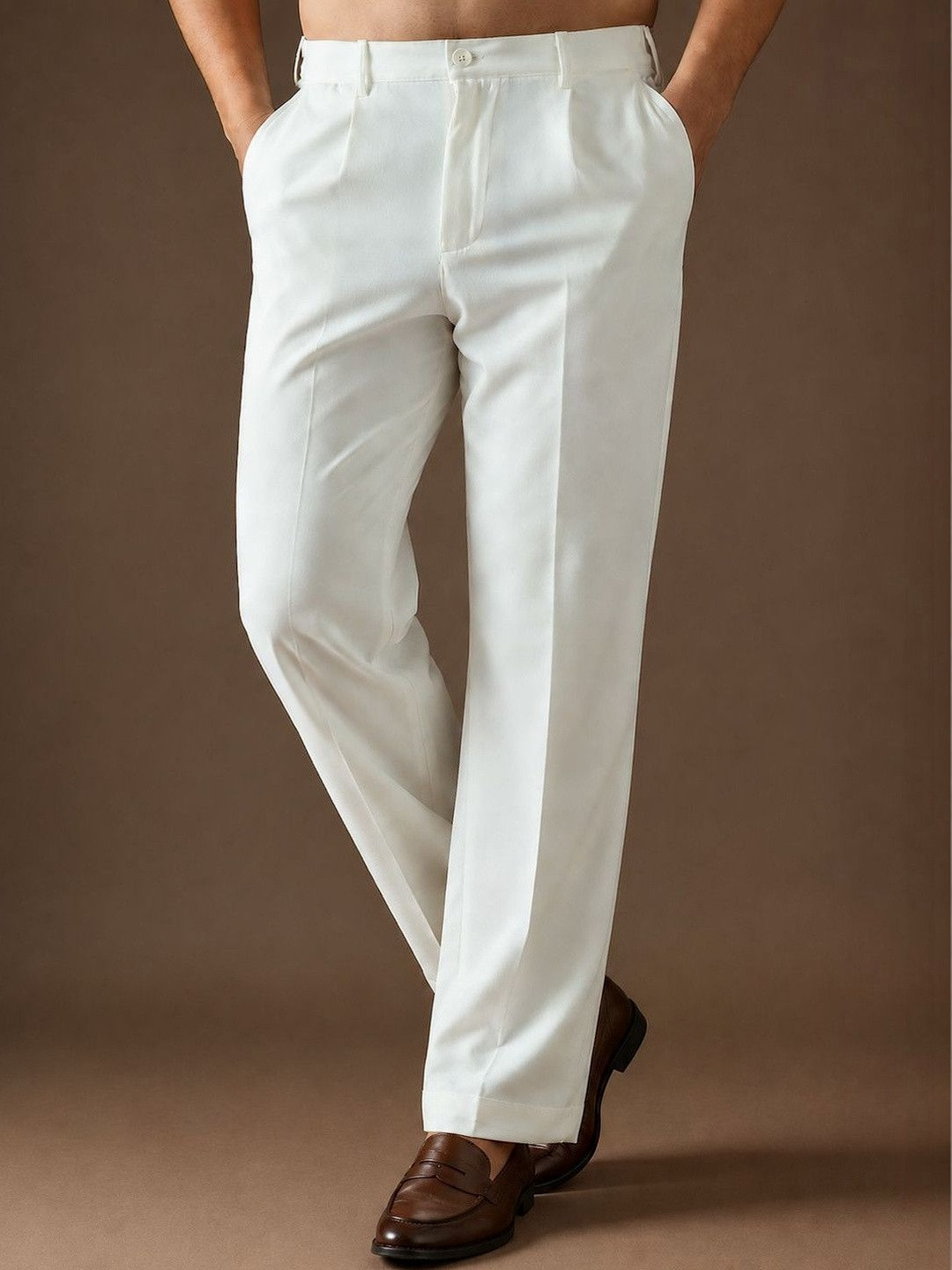 House of Pataudi Men Cream Korean Relaxed Fit Trouser