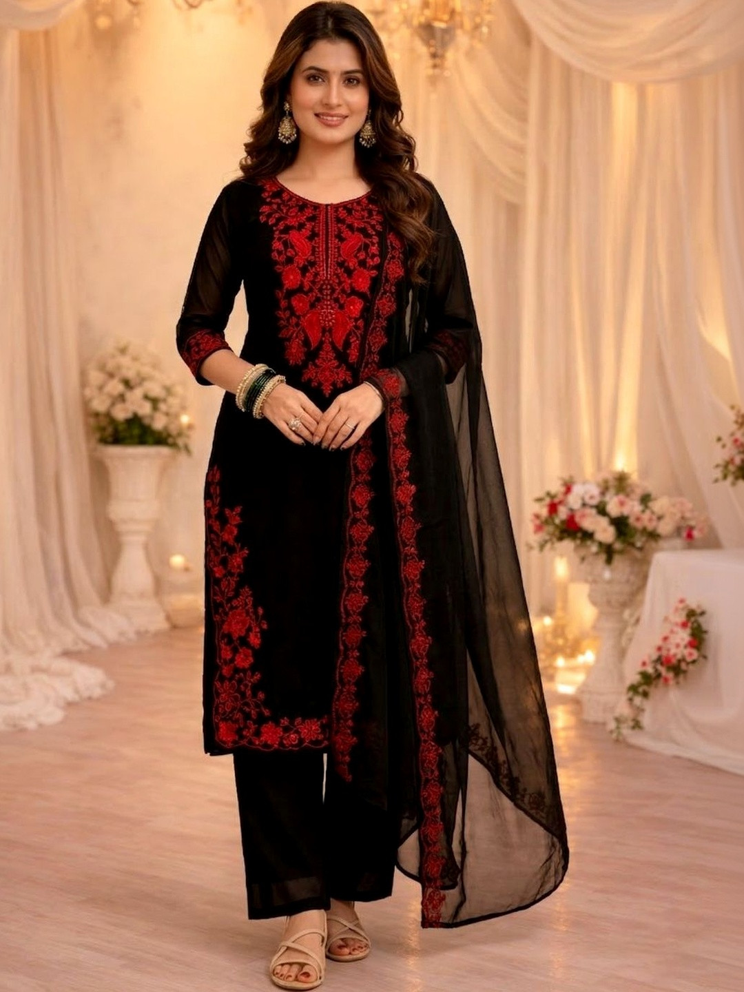 Moda Rapido Women Ethnic Motifs Embroidered Regular Thread Work Kurta with Trousers & With Dupatta