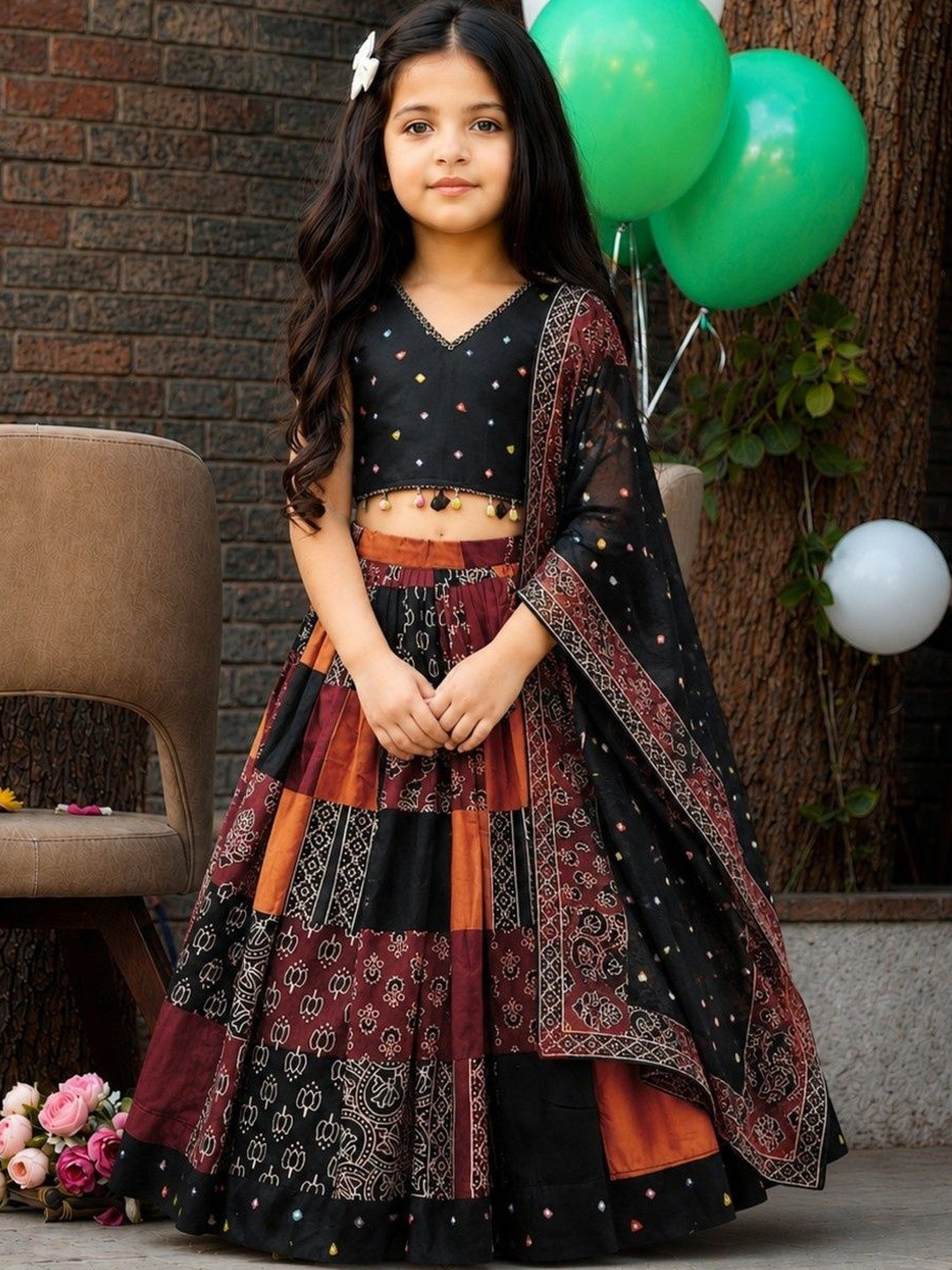 Sangria Girls Embellished Mirror Work Ready to Wear Lehenga & Blouse With Dupatta