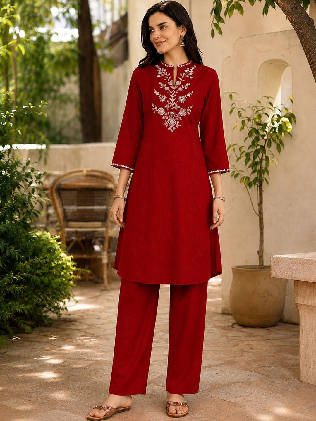Nayam By Lakshita Solid Linen Embroidered Tunic with Trousers Co-Ord Set